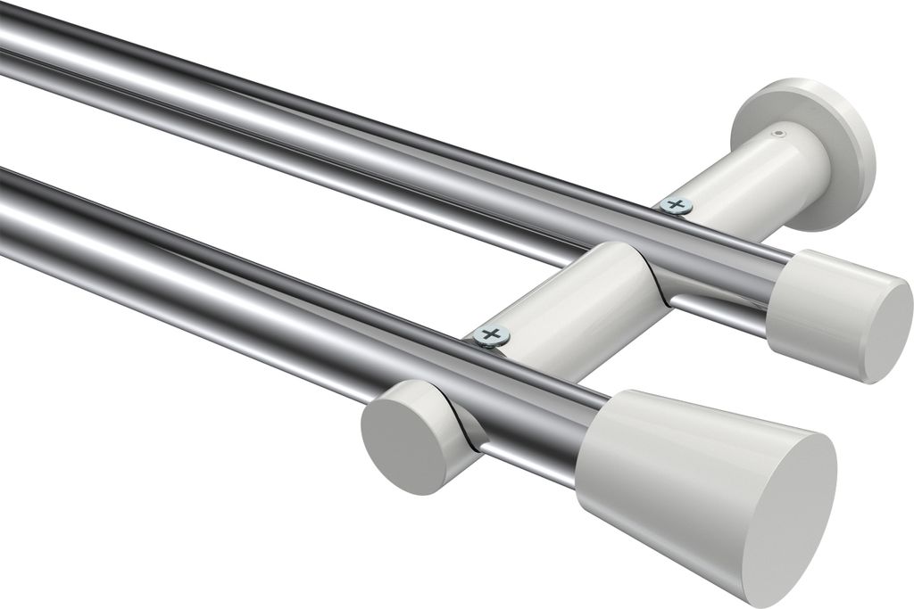 Interdeco Gardinenstange / Vorhangstange Chrom / Weiß, Typ Platon Sitra (Konus) ohne Ringe, 20 mm Ø 2-läufig, 160 cm