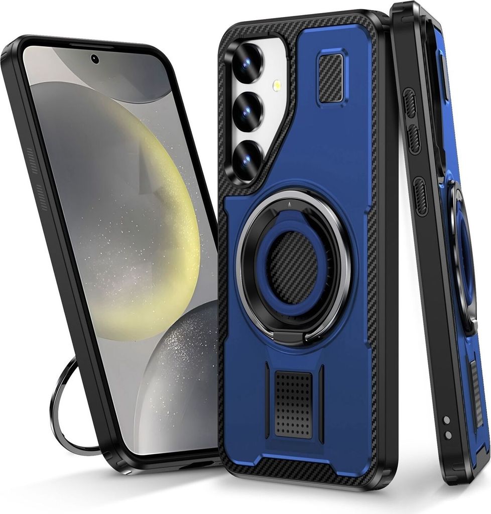 Für Samsung Galaxy S25 5G Carbonfaser Ringhalter Hybrid TPU Hülle Cover Blau