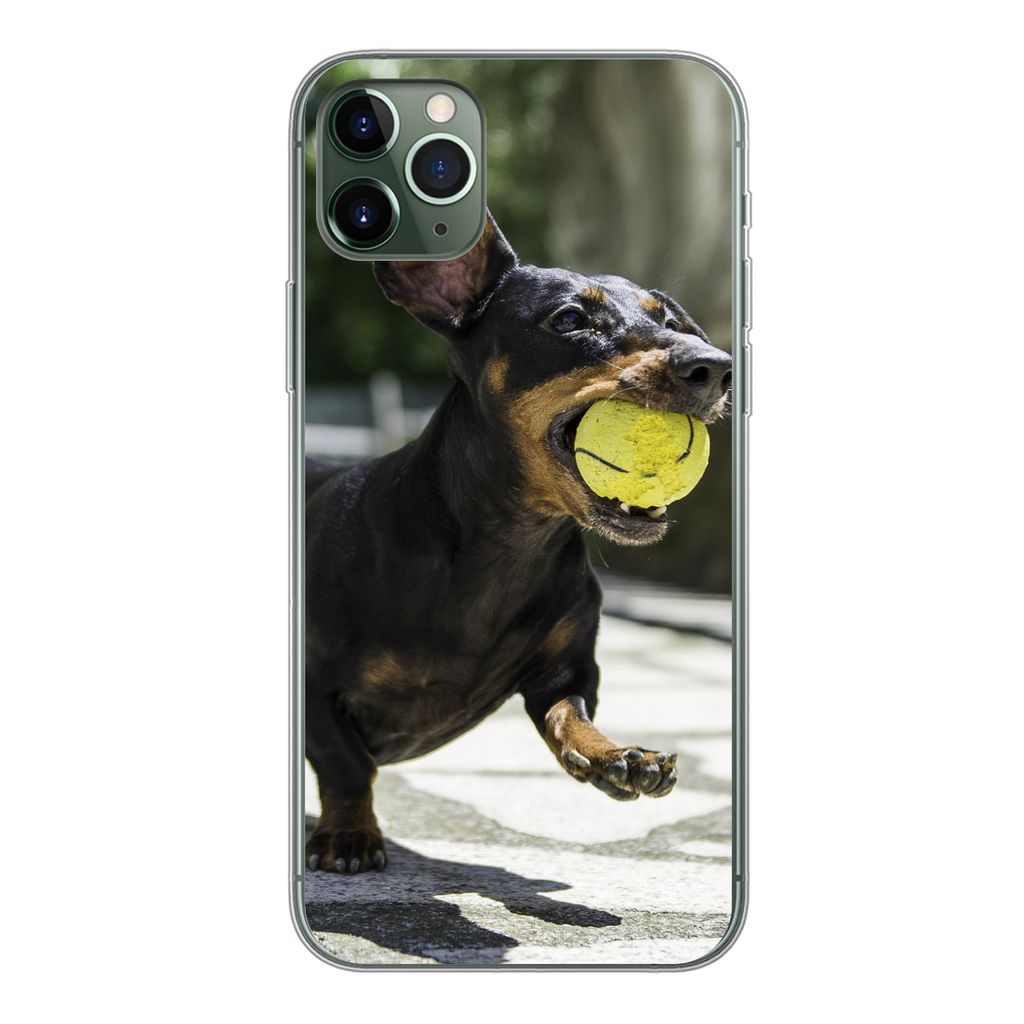 MuchoWow Handyhülle Schutzhülle Hülle für iPhone 11 Pro Max Ein schwarzer Dachshund mit einem Tennisball Silikon Softcase Handy Hülle - Schutz