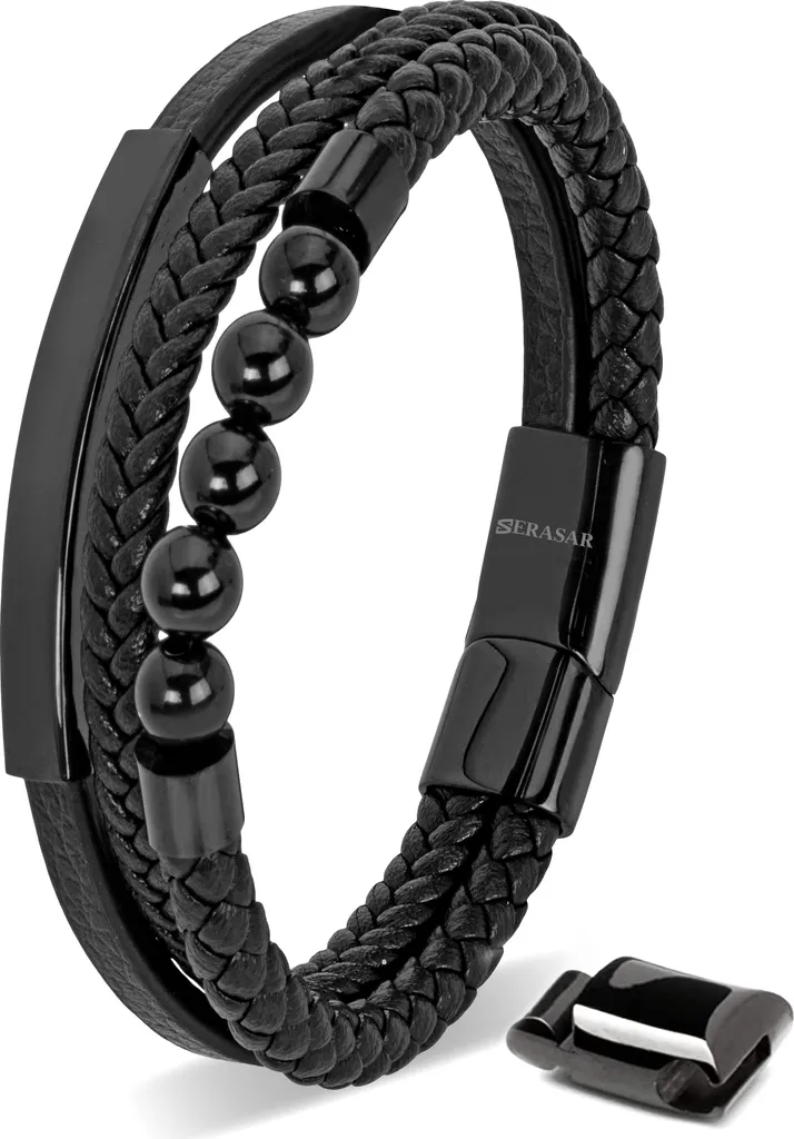 SERASAR Bracciale Pelle Uomo Pearl 23cm Nero Acciaio Inossidabile