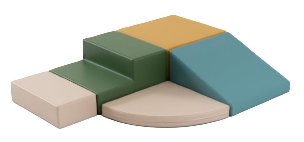 A set of colorful foam climbing blocks for children.