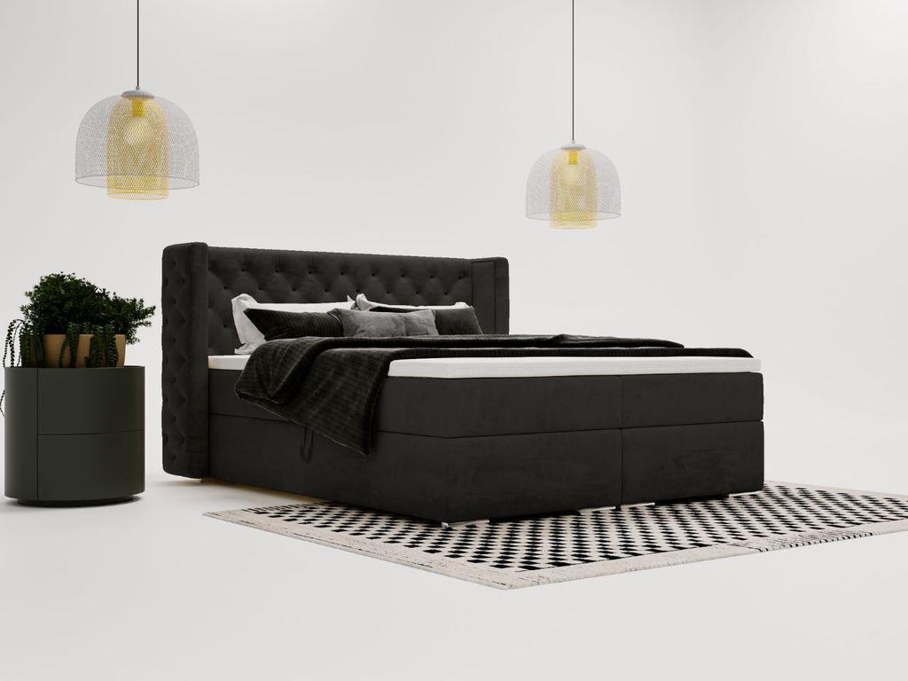 GrainGold Boxspringbett Lion 120x200 - Bett mit Matratze und Topper - Boxspringbett mit Bettkasten und Matratze - Boxspringbett Schwarz (Magic Velv...
