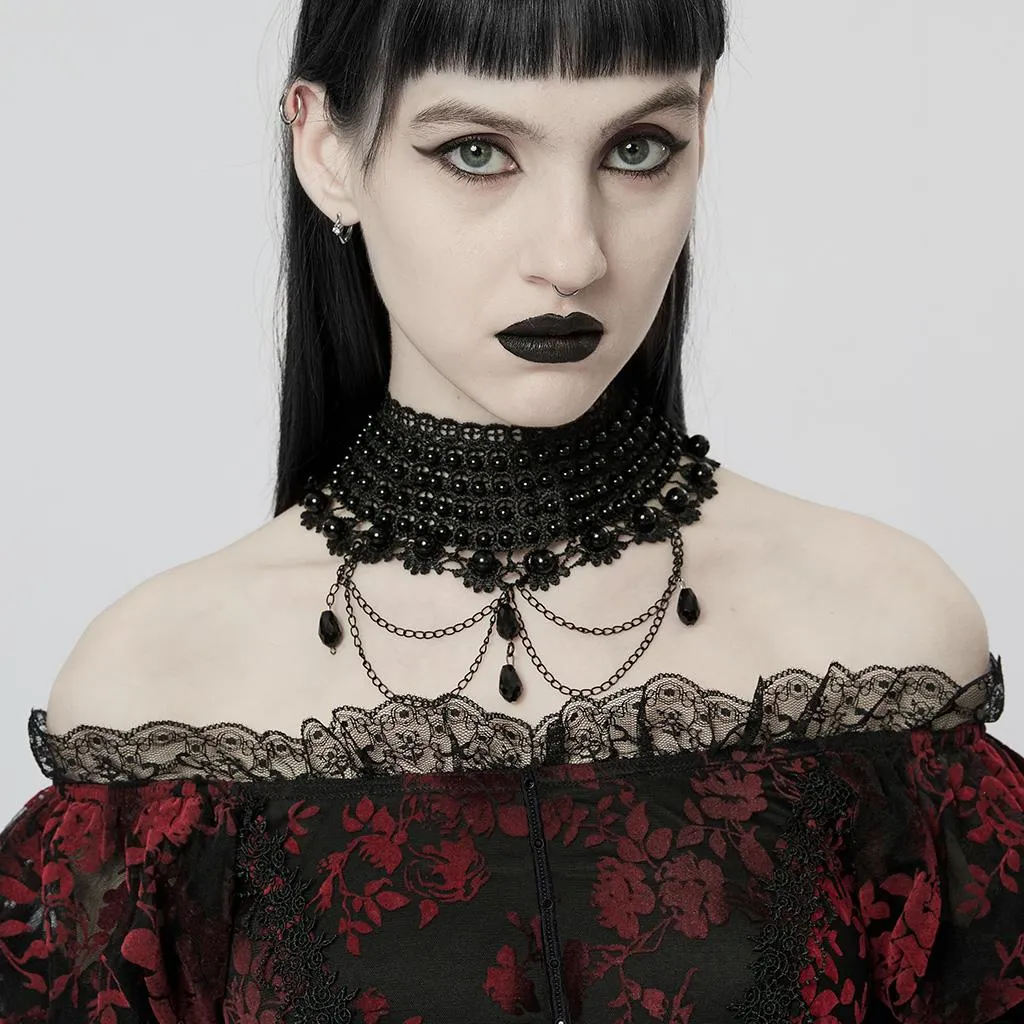 Girocollo Punk Rave Clara | Choker Gotico in Pizzo Nero e Perline