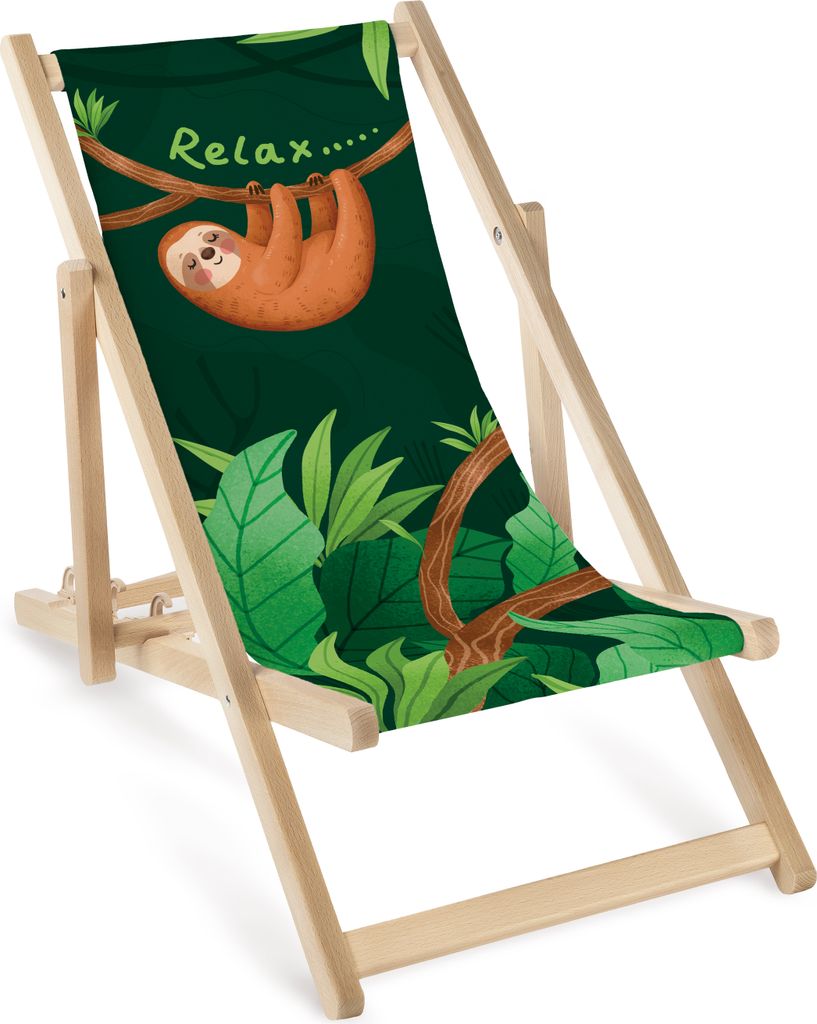 Kinder Liegestuhl klappbar aus Holz mit Faultier-Motiv – Kinder Klappstuhl Klappliege Sonnenstuhl Strandstuhl Gartenliege