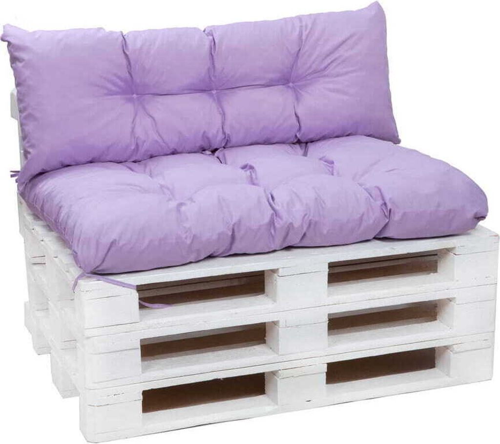 A white pallet sofa with purple cushions.