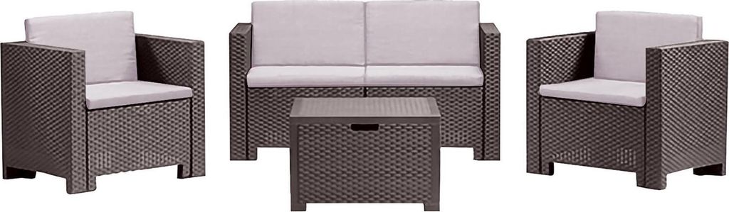 Loungeset für draußen Kuiper, Outdoor-Lounge mit Couchtisch, Terrassenset mit Kissen, Gartenkomposition mit Sofa und Sesseln, Italy, Braun