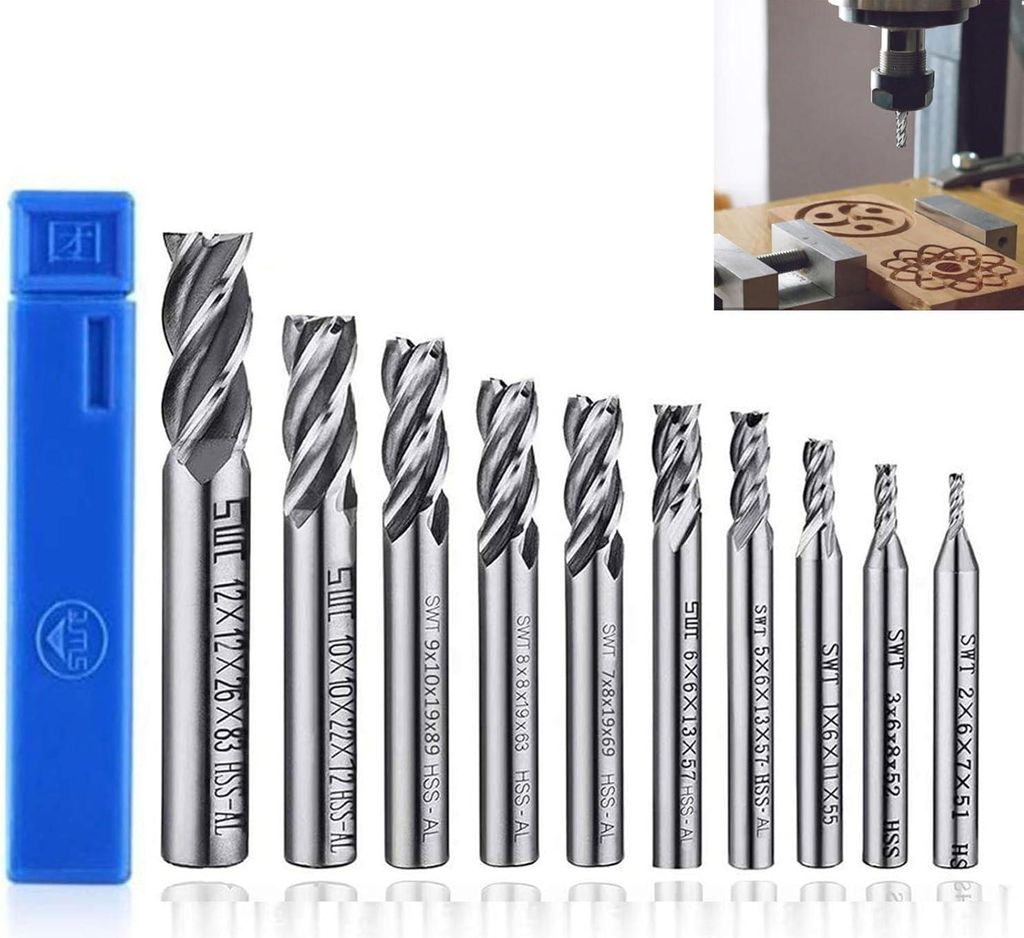 HSS Schaftfräser, 10 Stück 2-12 mm, 4 Flöte Spiralfräser CNC Fräse für Metall Holz Acryl, Schaftfräsersatz für Drehmaschine, Hartmetall Fr...