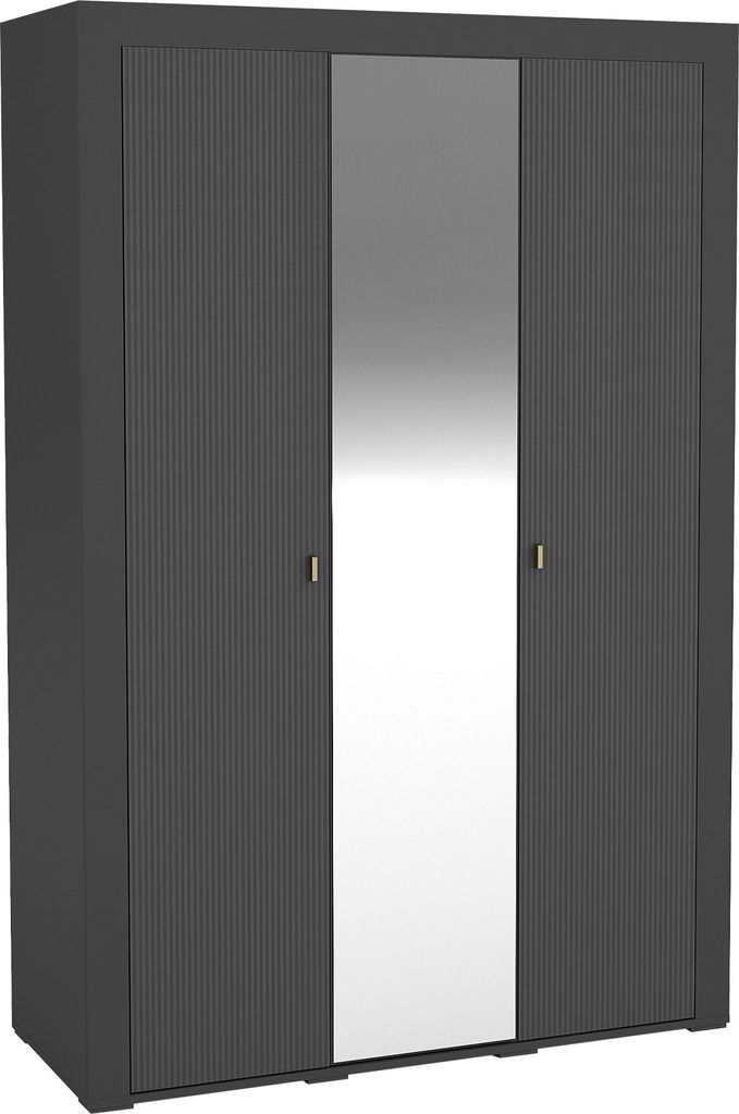 MIRJAN24 Kleiderschrank Mossa 2D MO01, Schlafzimmer Garderobe mit drei Drehtüren, Stilvoll Kollektion, Frontspiegel (Farbe: Schwarz)