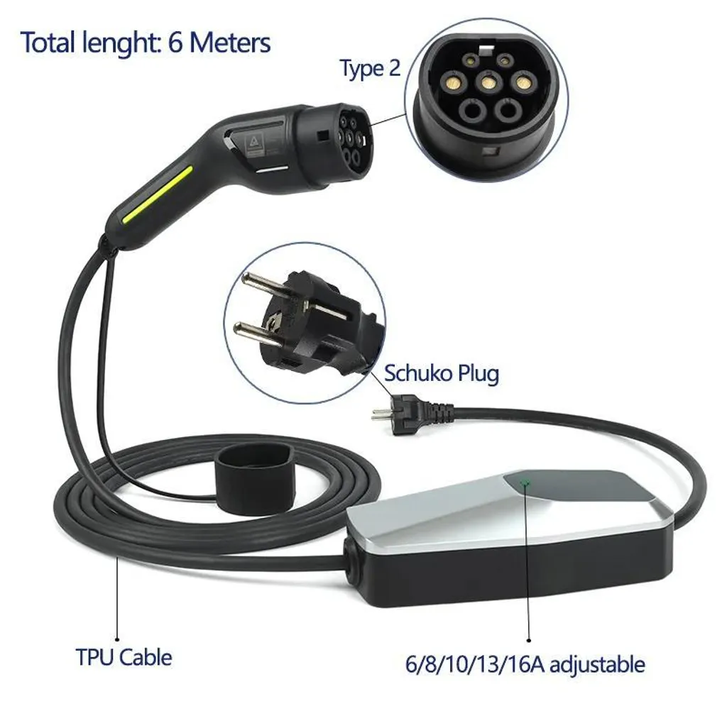 Câble de Recharge Domicile pour EV - Type 2 16A 6m Courant Modulable - 2