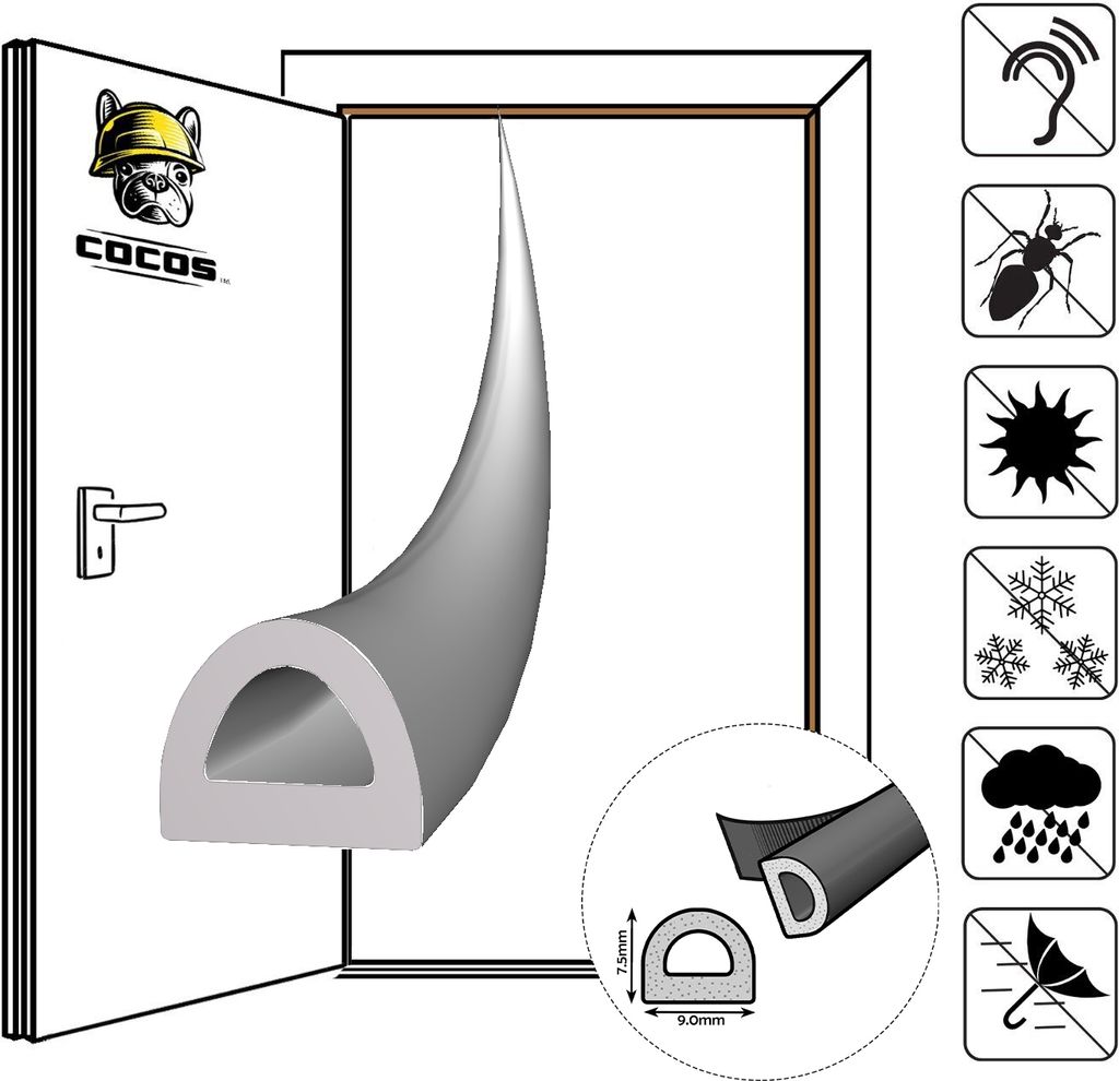 100m Fensterdichtung Türdichtung Selbstklebend EPDM – Grau D 9mm x 7.5mm