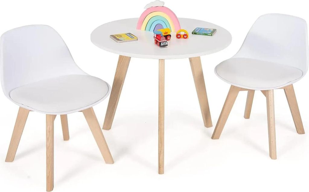 Kindertisch mit 2 Stühlen - 3-tlg. Sitzgruppe - Runder Tisch - Holzgestell - Gepolsterte Stühle - Aktivitätstisch - Montage erforderlich - Weiß