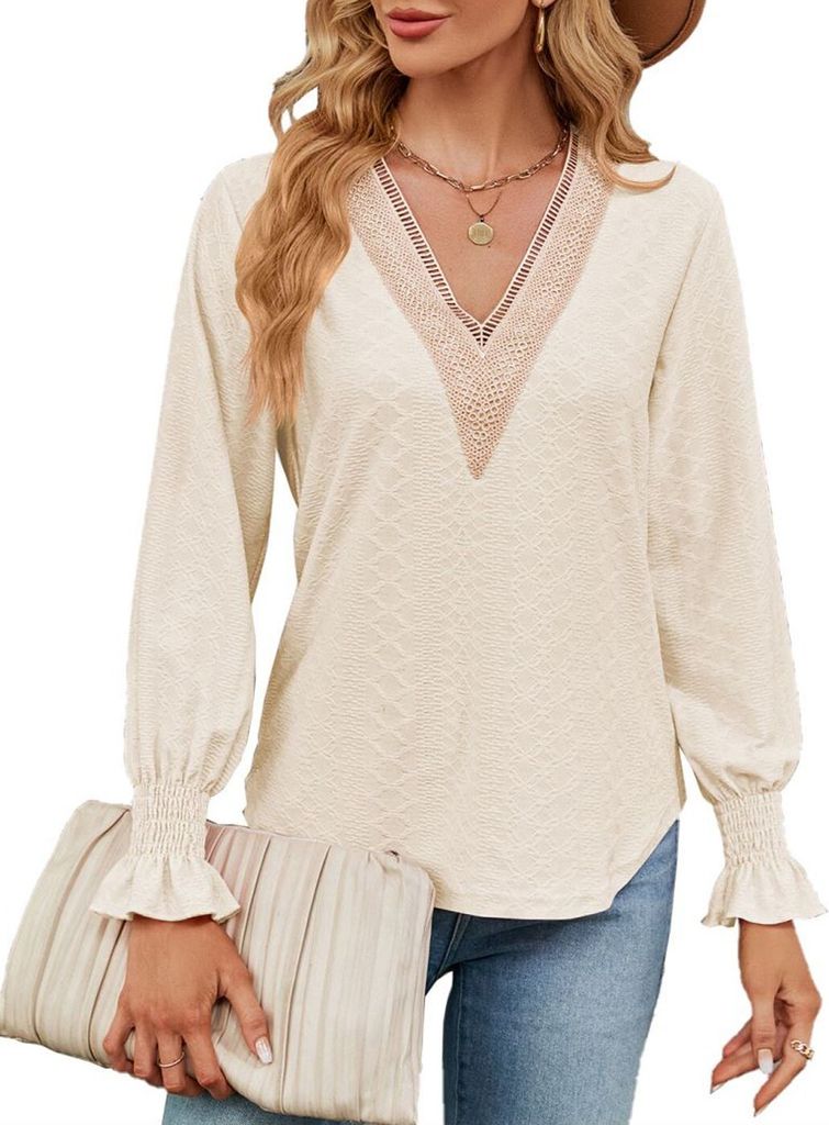 ASKSA Damen Spitzen V-Ausschnitt Bluse Casual T-Shirts Elegant Hemdbluse Langarmshirt Tunika Tops, Aprikose, M