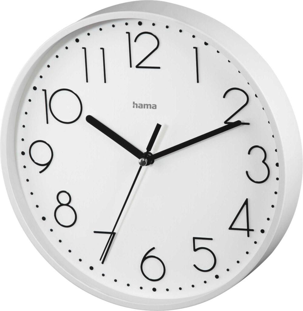 A white analog wall clock with black numbers and hands.
