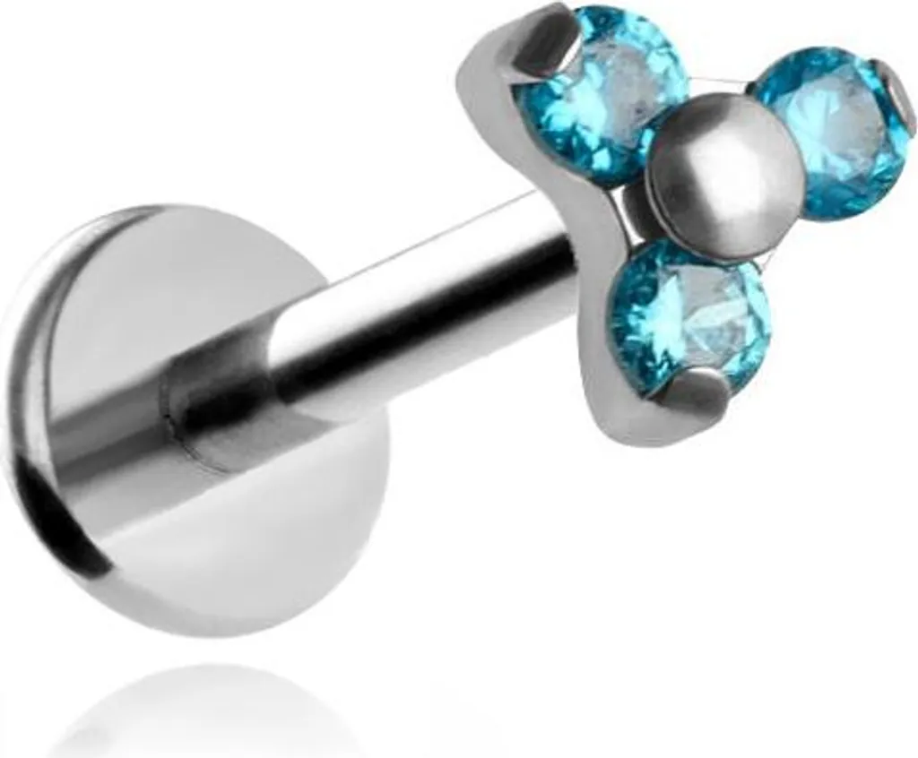Labret titane et trois zircons bleus 6mm piercing hypoallergénique