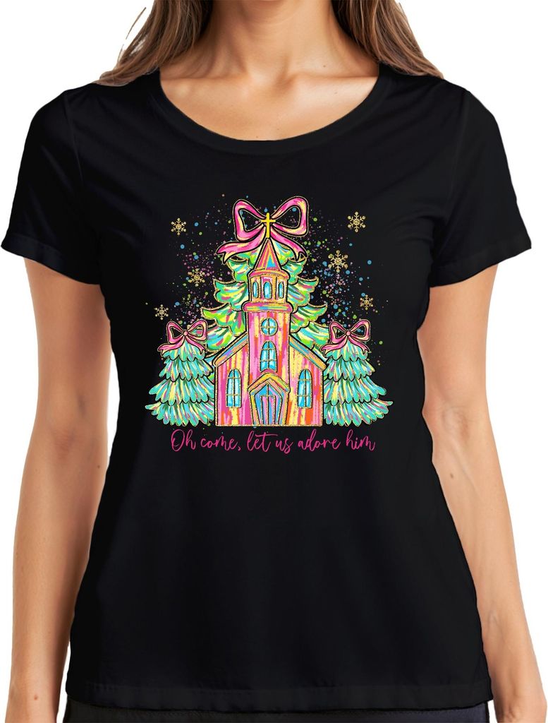 Oh Come Let Us Adore Him Kirche Tannenbaum Schleife Weihnachten Damen T-Shirt, Schwarz, S