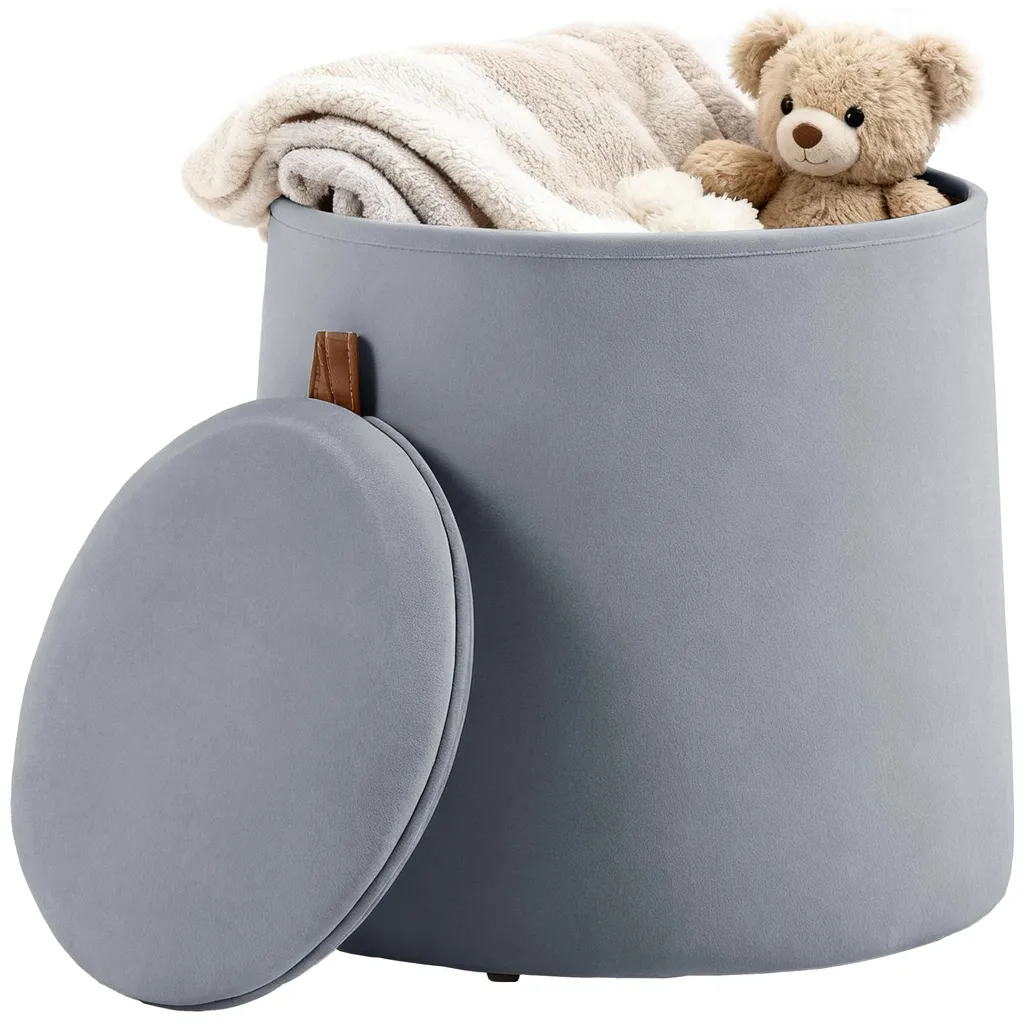 Pouf coffre rangement velours givré gris Ø 44 x 47,5 cm design chic