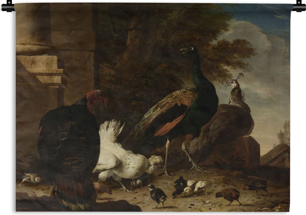 MuchoWow Wandteppich Wandbehang Eine Henne mit Pfauen und einem Truthahn - Gemälde von Melchior d'Hondecoeter 150x112 cm Tapisserie Dekoration W...