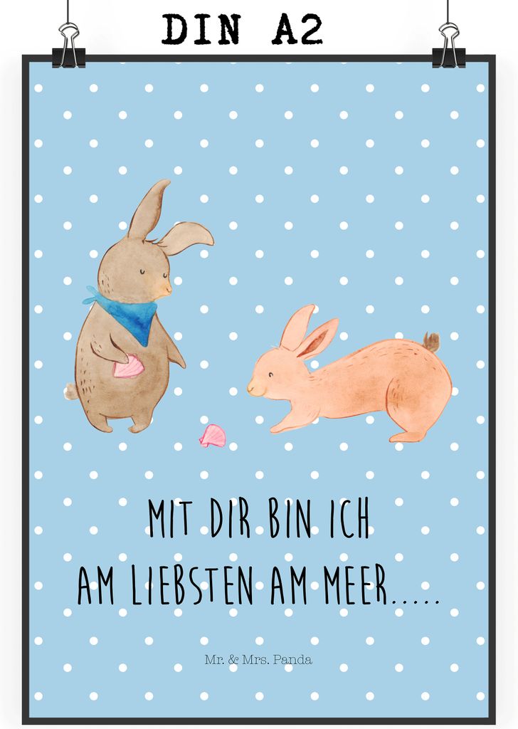 Mr. & Mrs. Panda Bild Hasen Muschel DIN A2 - Blau Pastell - Geschenk, Muttertag, Freundin, Wandbild, wanddeko, Kunstdruck, Meer, Best Friends, Plak...