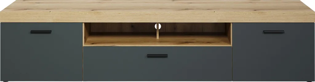 Meuble TV Salon Tyler Rangement Multimédia Anthracite et Bois Chêne