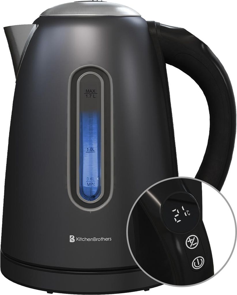 KitchenBrothers Wasserkocher mit Temperaturregelung - Elektrisch - 1,7L - 7 Temperaturstufen - LED-Beleuchtung - Warmhaltefunktion - Schwarz/Edelstahl