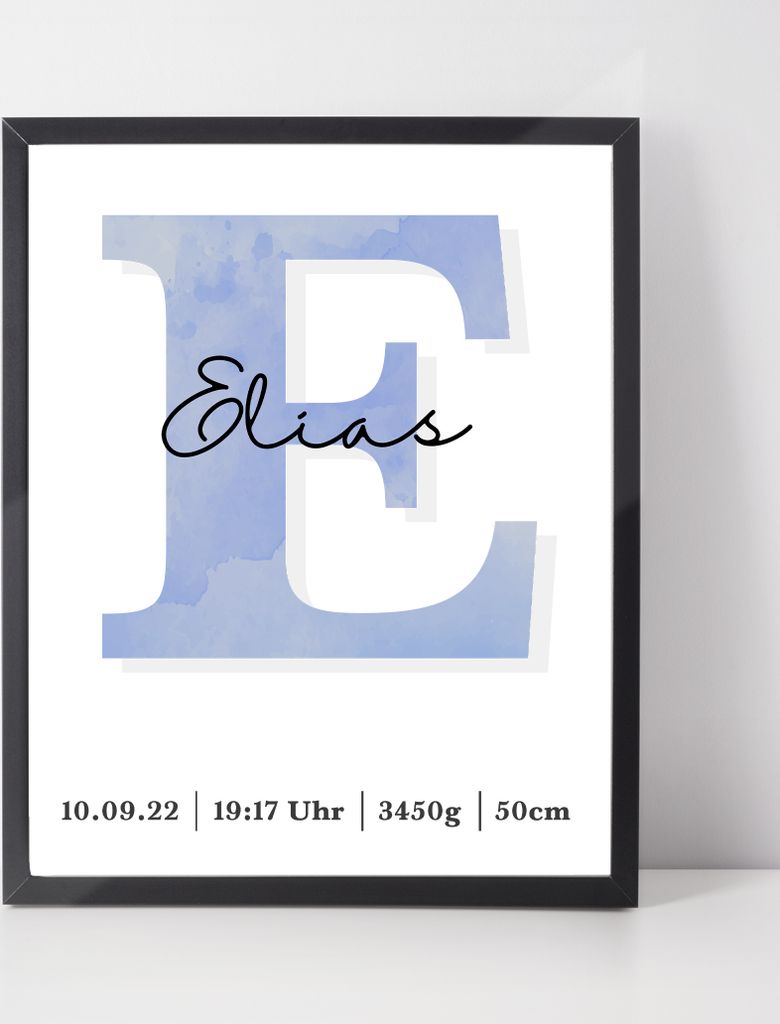 Geburtsposter personalisiert | Geschenk zur Geburt Babyposter | Kinderzimmer Babygeschenk – A3 (29.7x42cm) / Blau / ohne Bilderahmen