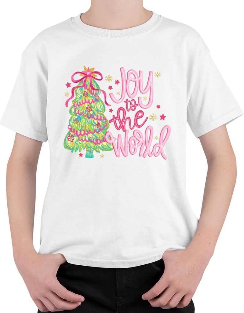 Joy to the World Weihnachtsbaum Weihnachten Geschenk Pink Glitzer Uni Kinder T-Shirt, Weiß, 140