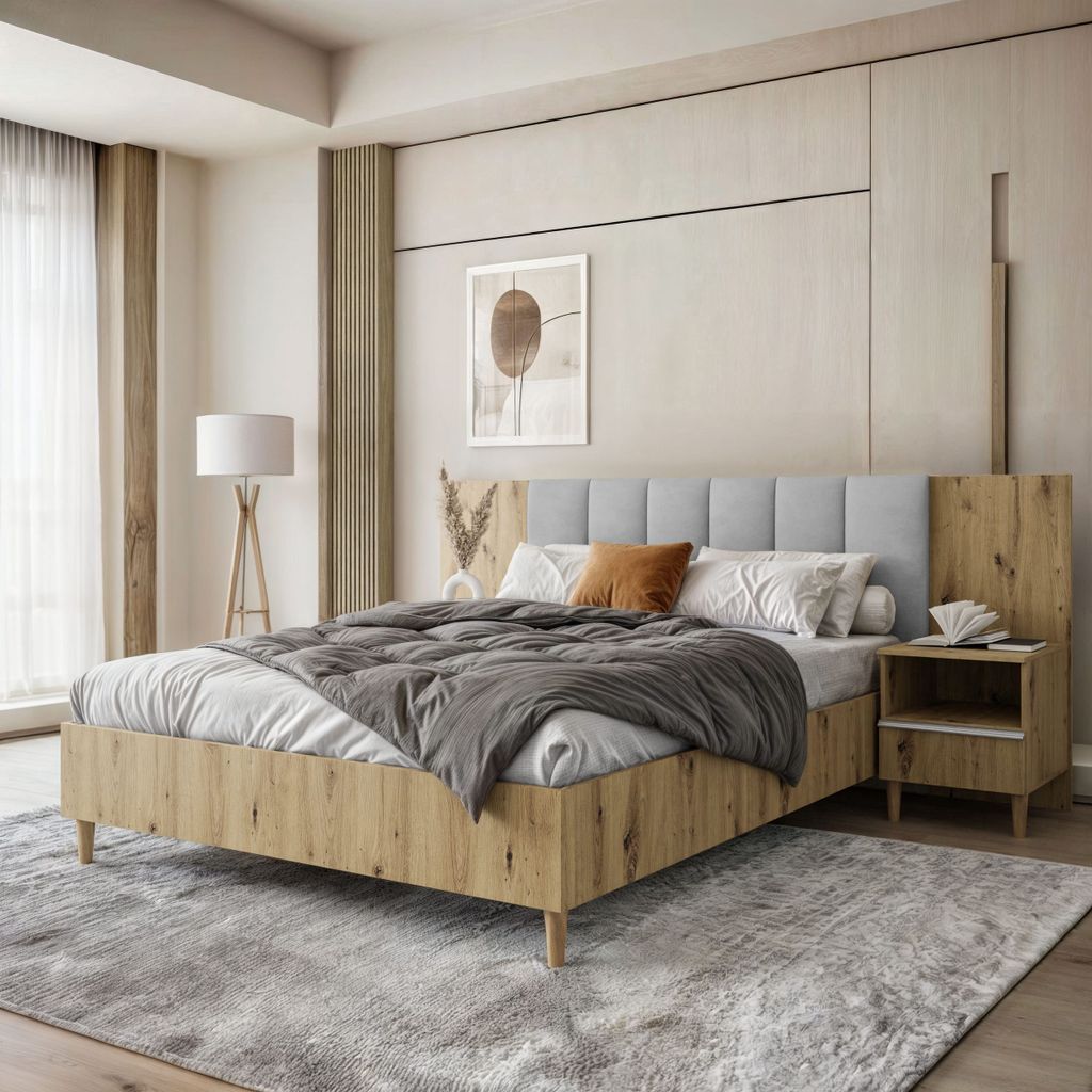Polsterbett LECTUS 160x200cm - Designerbett mit Bettkasten, Lattenrost & zwei Nachttischen - Artisan & Hellgrau (Jasmine 90)