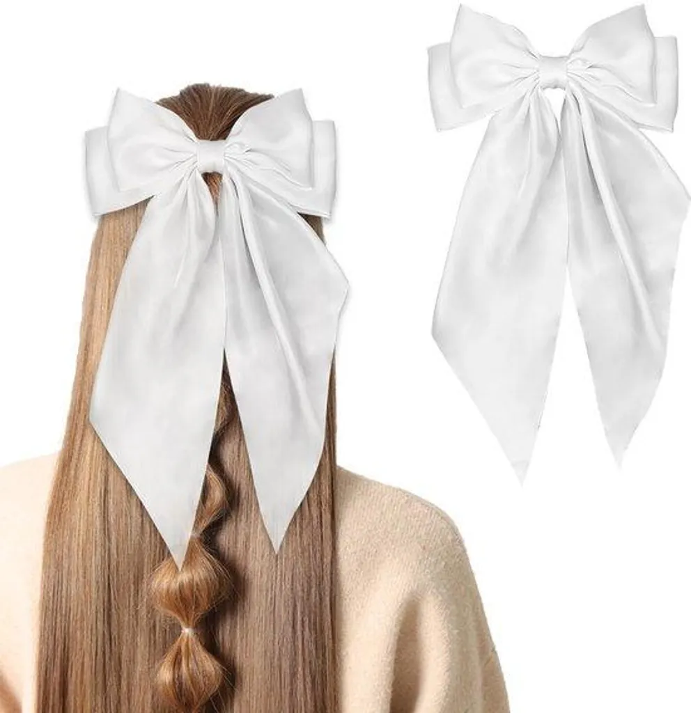 Grande barrette nœud blanc en satin avec pince crocodile résistante
