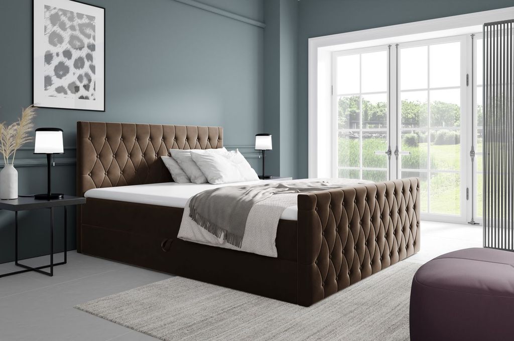 Kontinentales Bett 160x200 TEKLA mit Stauraum - dunkelbraun + GRATIS Matratzenauflage