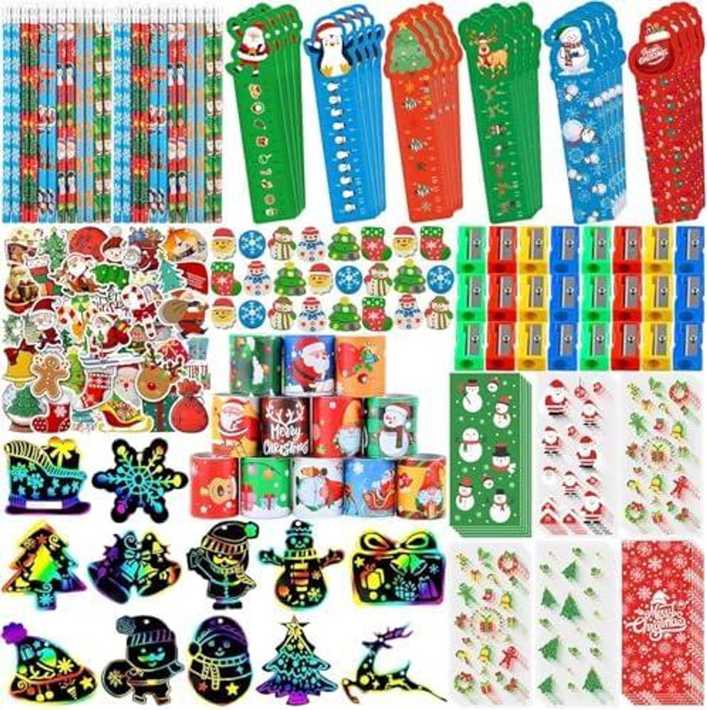 KAHEIGN 218Pcs Weihnachten Schrein Set, 24Pcs Schrein Geschenkset inkl. Tüten, Lineale, Bleistifte, Radiergummis, Anspitzer, Kratzarmbänder, Krat...