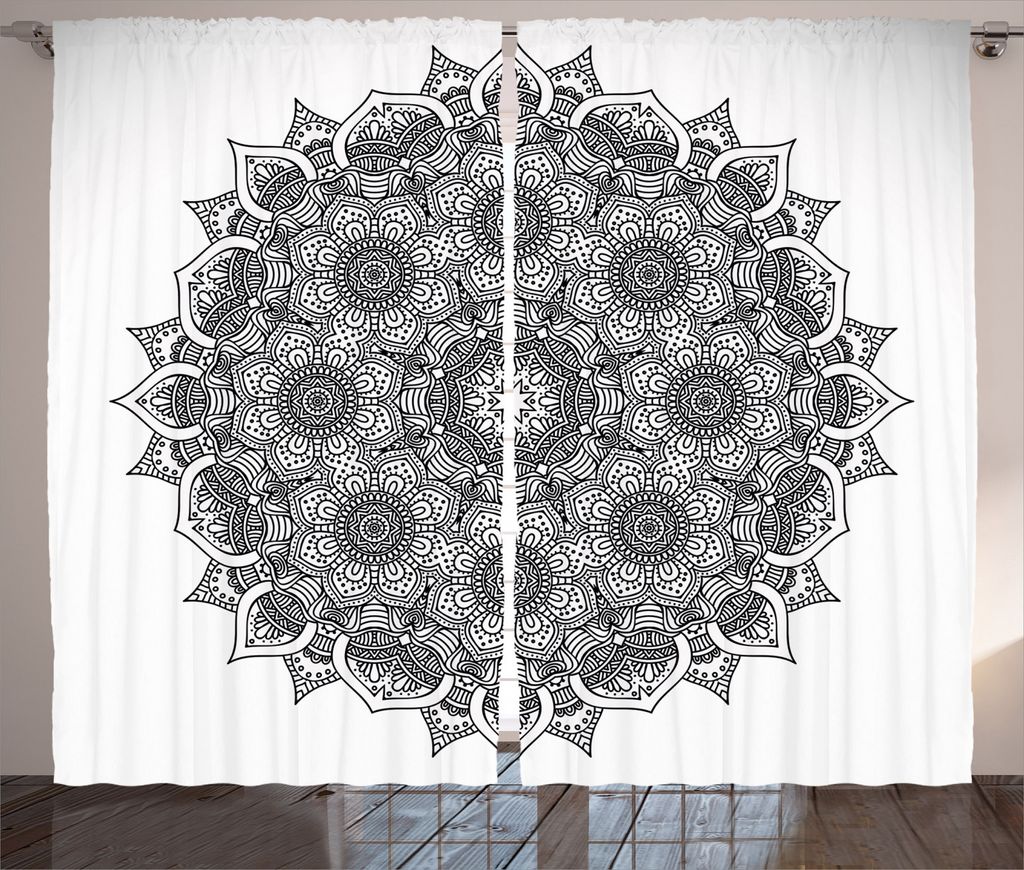 ABAKUHAUS Schwarz Rustikaler Vorhang, Mandala Ottoman Blumen, Wohnzimmer Universalband Gardinen mit Schlaufen und Haken, 280 x 245 cm, Weiß Schwarz