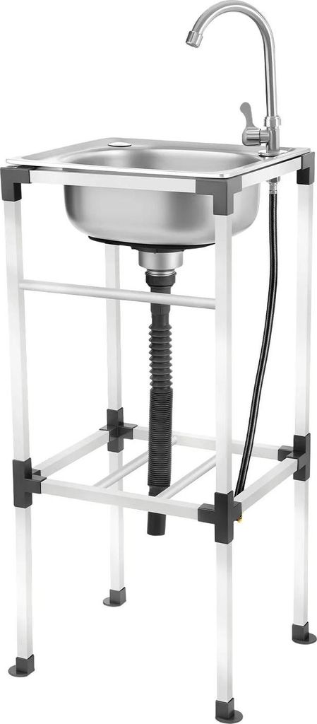 Freistehende Spüle - Einzelbecken - 42×37 cm - Edelstahl - Mit Armatur - Schneller Ablauf - Belastbar bis 60 kg - Silber