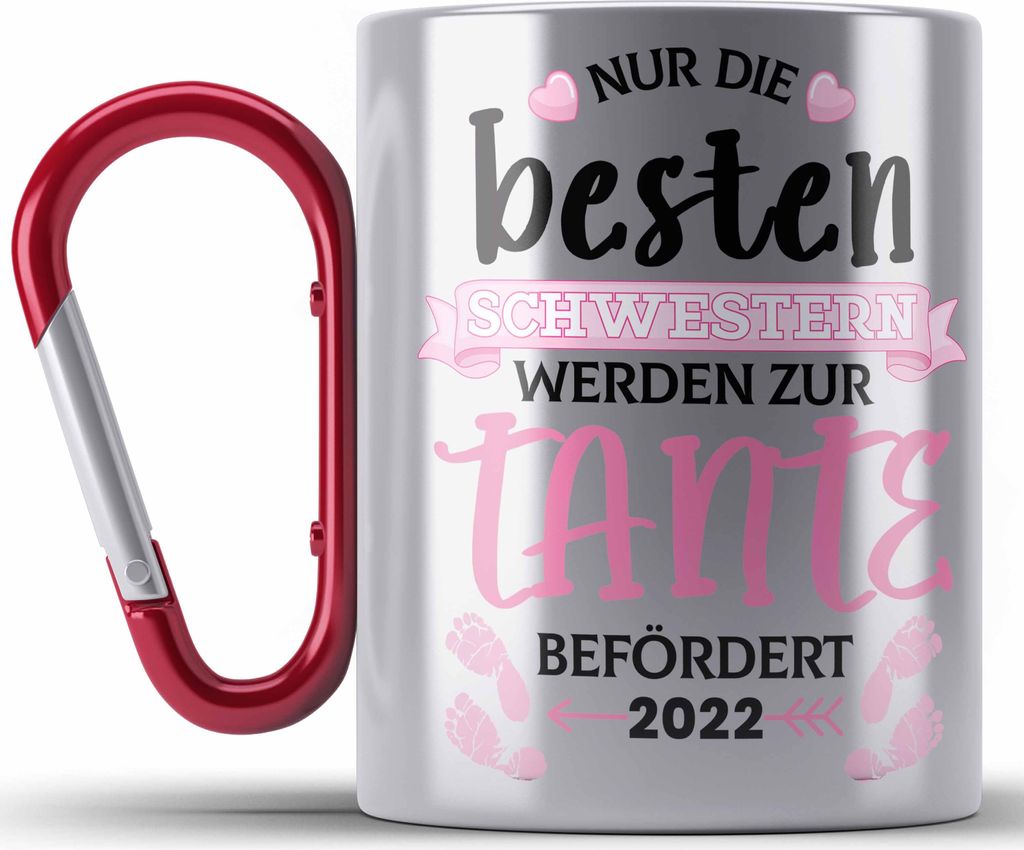 Trendation - Tante 2022 Du Wirst Tante Geschenk Edelstahl Tasse Karabiner Schwangerschaft Schwester Nur Die Beste Schwester Wird Zur Tante Beförde...