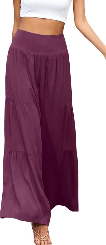 ASKSA Damen Leinenhose Sommer Elegant Hohe Taille Weites Bein Freizeithose Leichte Hosen, Violett, Groesse: XXL