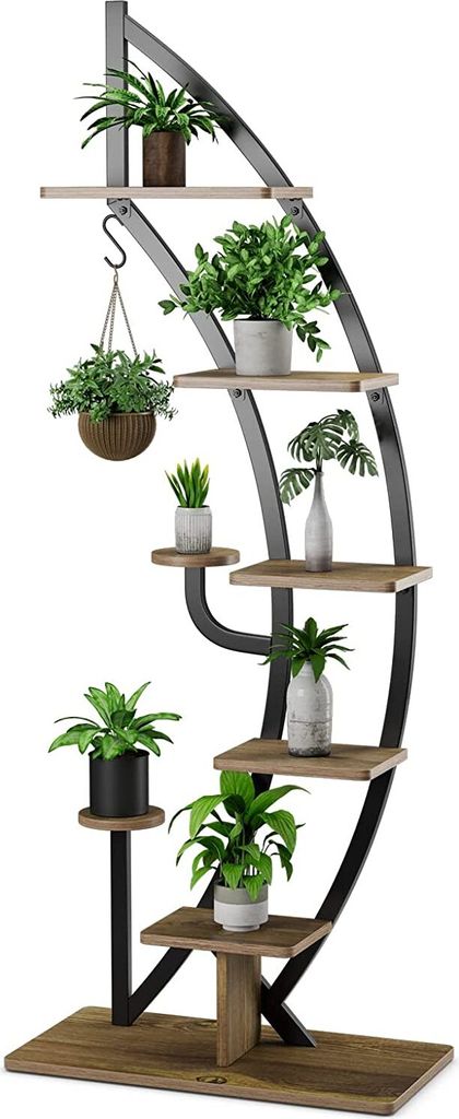GOPLUS 6-stöckiger Blumenständer Metall-Pflanzenständer, halbmondförmiger Leiter-Pflanzgefäß mit Haken, Blumentopfregal, Ausstellungsregal (1)