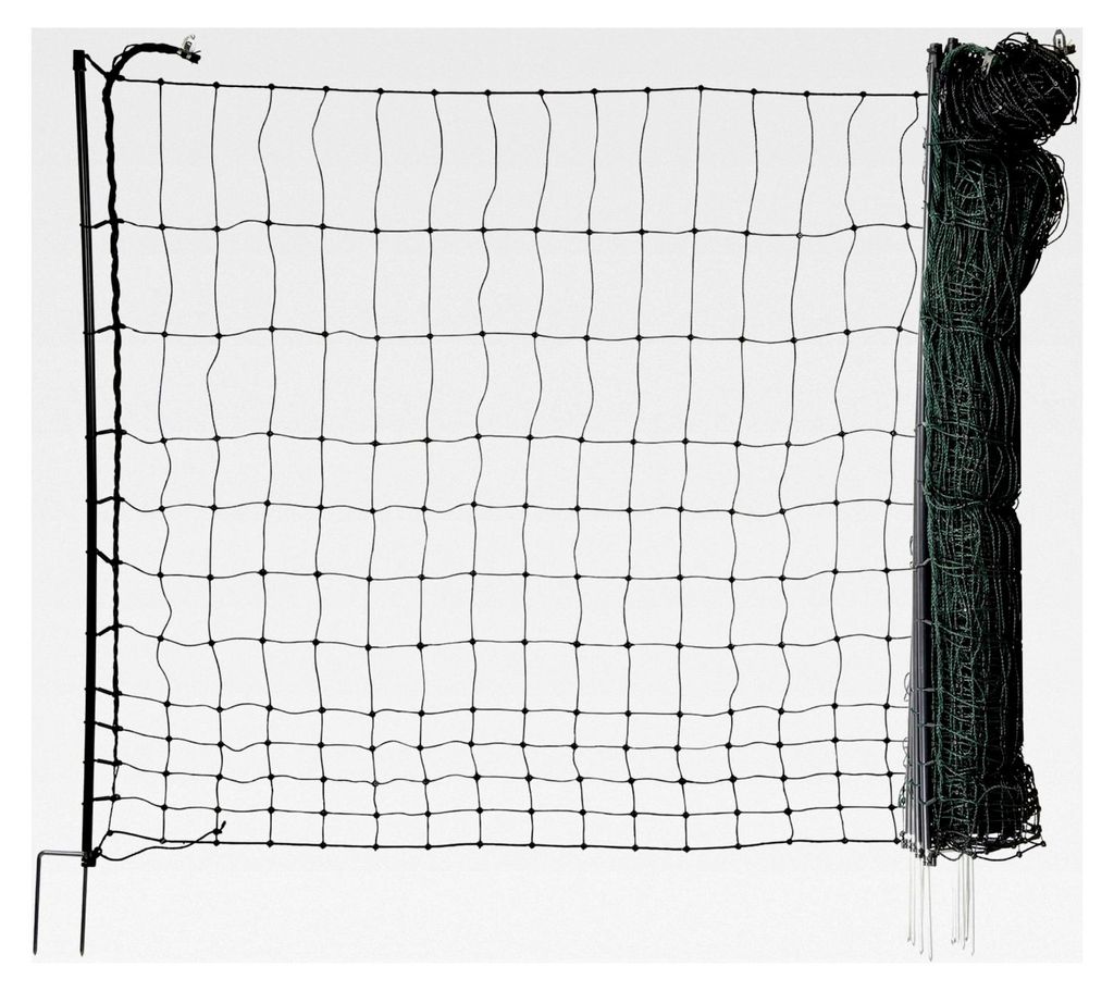 Hühnerzaun 25m lang, 110cm hoch - 7 Fiberglaspfähle mit Doppelspitze - grün, mobiler Zaun für Geflügel