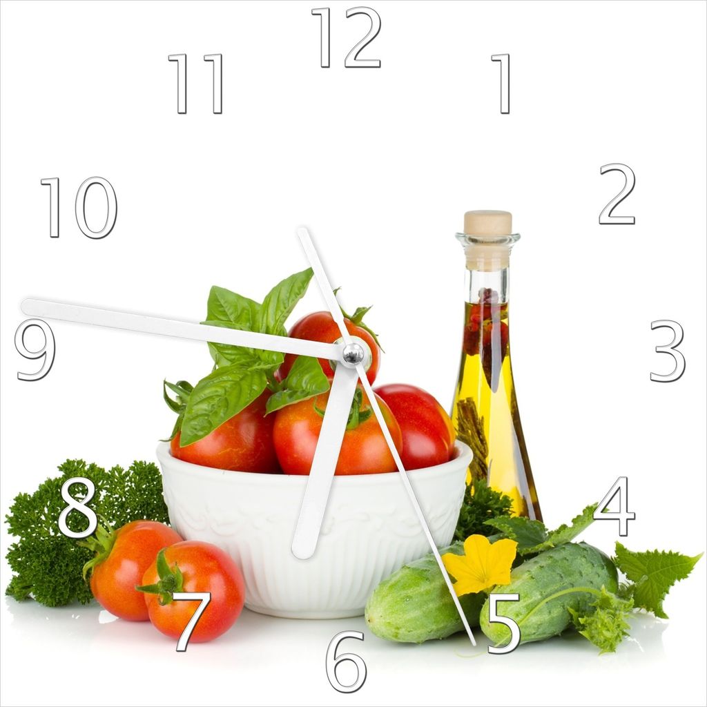 Wallario Design Wanduhr Frische Salatzutaten mit Kräuter-Öl - Tomaten, Gurke, Petersilie aus Echtglas, Größe 20 x 20 cm