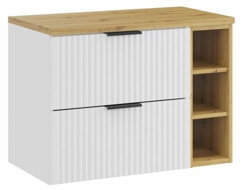 Badezimmer-Set NOXERA 80 cm – Hängender Waschtischunterschrank in Alpinweiß mit Eichenplatte für das Waschbecken und offenen Fächern