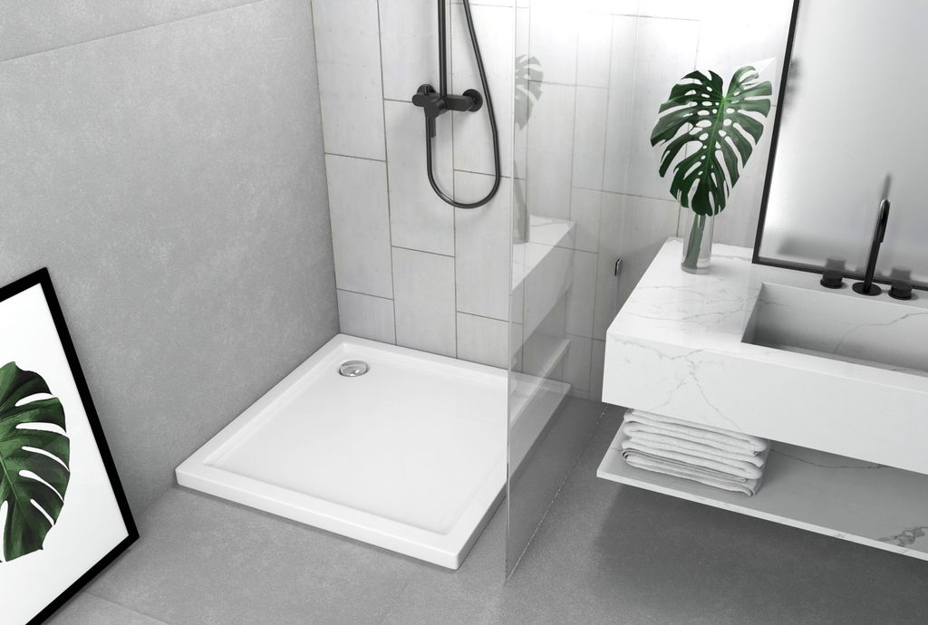 ECOLAM stabile Duschwanne Duschtasse Caspar Vireck flach 80x80 x 5 cm Tiefe 3 cm Acryl weiß + Siphon