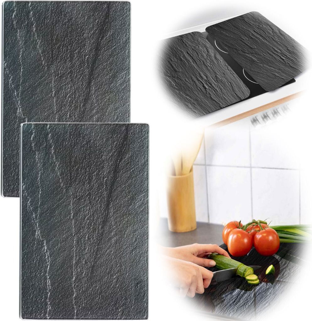 LS-LebenStil 2 ́er Set Glas Herdabdeckplatten Schiefer 52x30cm Glasschneidebrett Schneidebrett Kochfeld Herdabdeckung Abdeckung Ceranfeld Induktion