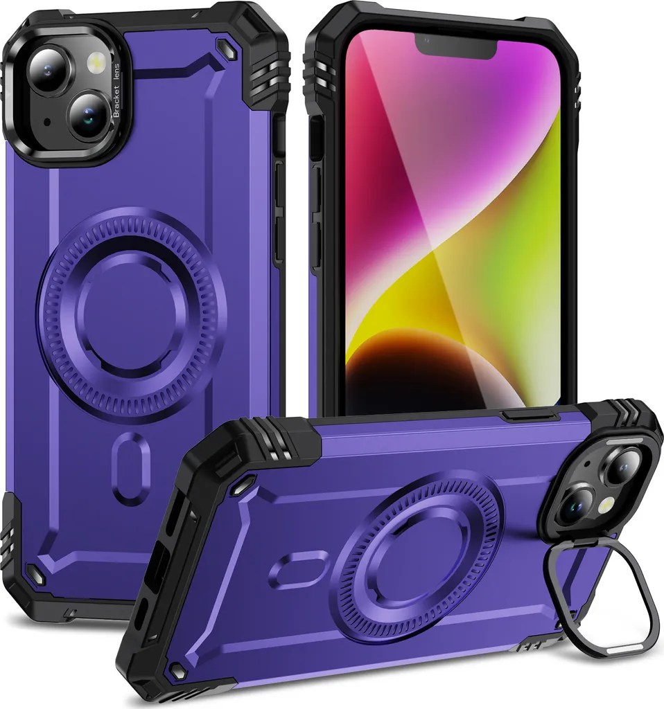 Custodia iPhone 14/13 Viola con Magnete e Supporto - Resistente e Chic