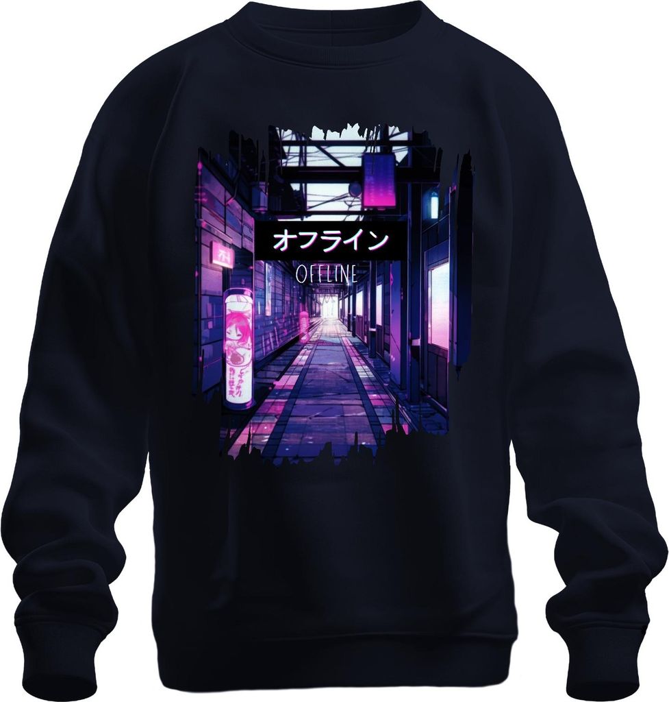 オフライン OFFLINE Cyberpunk Neon Anime Vaporwave Ästhetik Japan Retro Uni Sweatshirt Pullover, Navy, XL