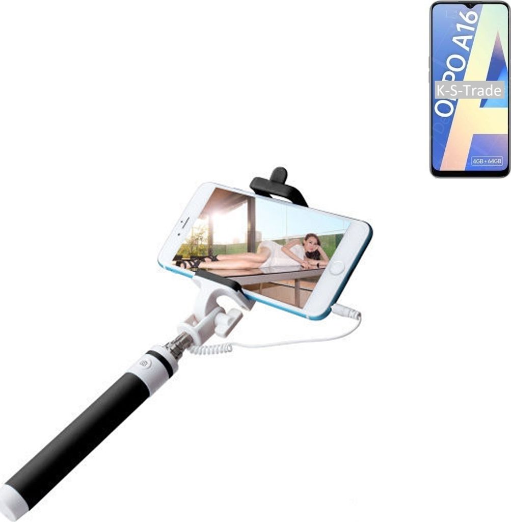 K-S-Trade Selfie Stick kompatibel mit Oppo A16 Selfiestick kabelgebunden Monopod mit Kabel Stab Stange Selfportrait Handheldstick schwarz 1x