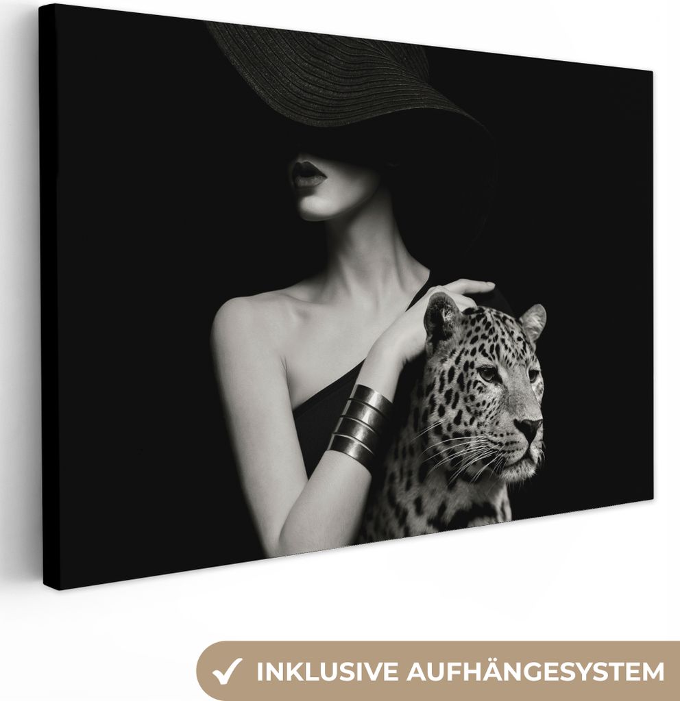 Wanddeko 60x40 cm - Frau - Leopard - Luxus - Schwarz - Weiß - Tier, Leinwand Bilder, Gemälde, Wanddeko