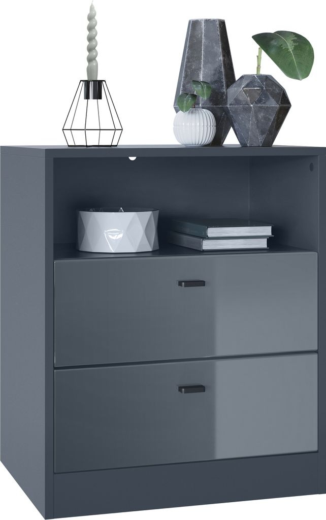 Vladon Kommode Pino V1, Germany, Nachttisch mit 2 Schubladen & 1 offenem Fach, Anthrazit matt/Grau Hochglanz ohne LED (56 x 67,5 x 36 cm)