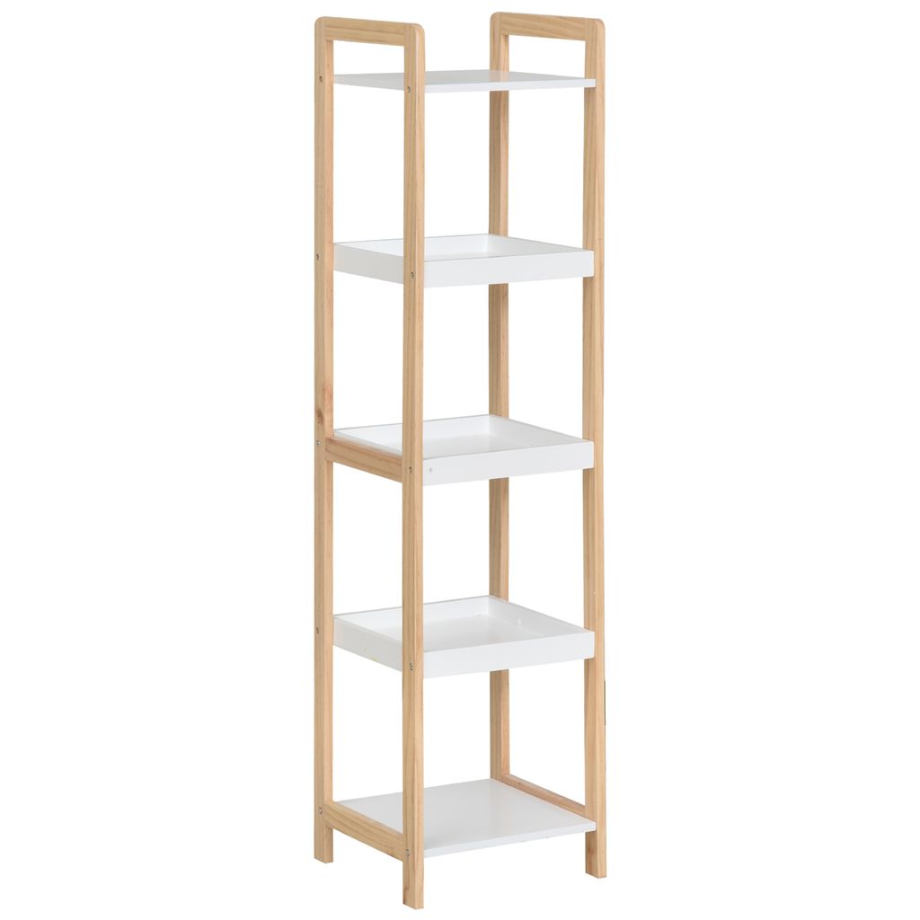 HOMCOM Bambus-Badezimmerregal, Standregal, 3 Körbe + 2 Regale, Abm. 32 L x 30 B x 130 H cm, Beige, Weiß