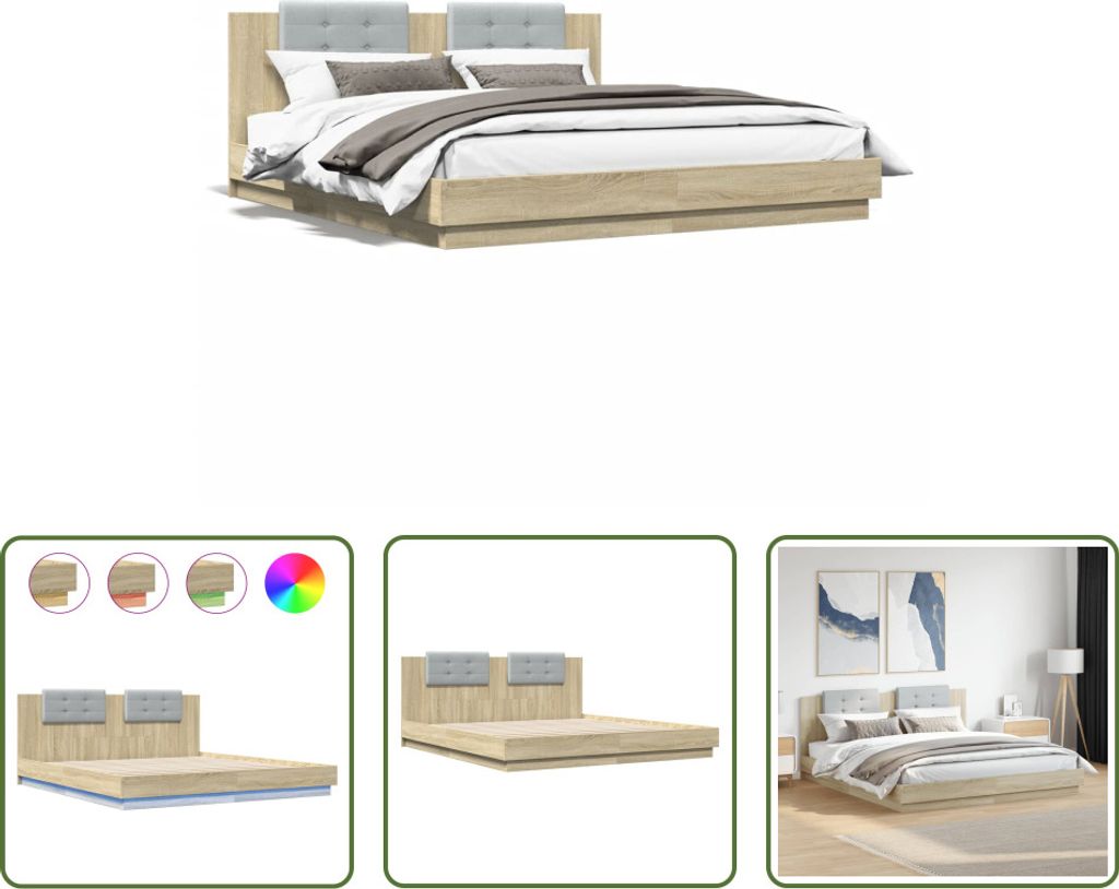The Living Store Bettgestell mit Kopfteil & LED-Leuchten Sonoma-Eiche 160x200 cm