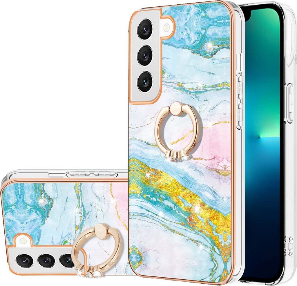 Hülle für Samsung Galaxy S22 5G Muster TPU Silikon Stoßdämpfer Bumper Schutzhülle mit Ring Ständer Türkis