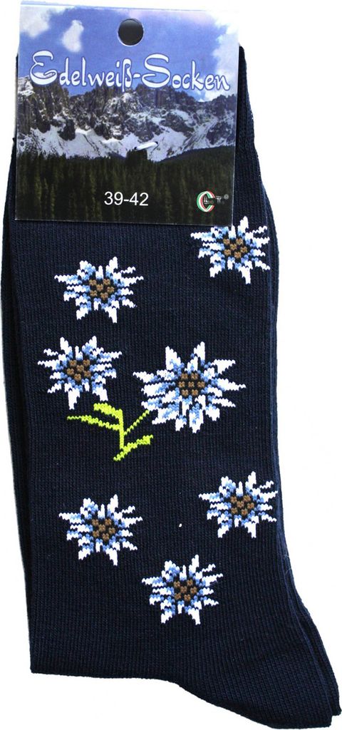 Uni Trachtensocken Edelweiß-Socken Blütenmuster Kurze socken, Größe:35-38, Farbe:Dunkelblau