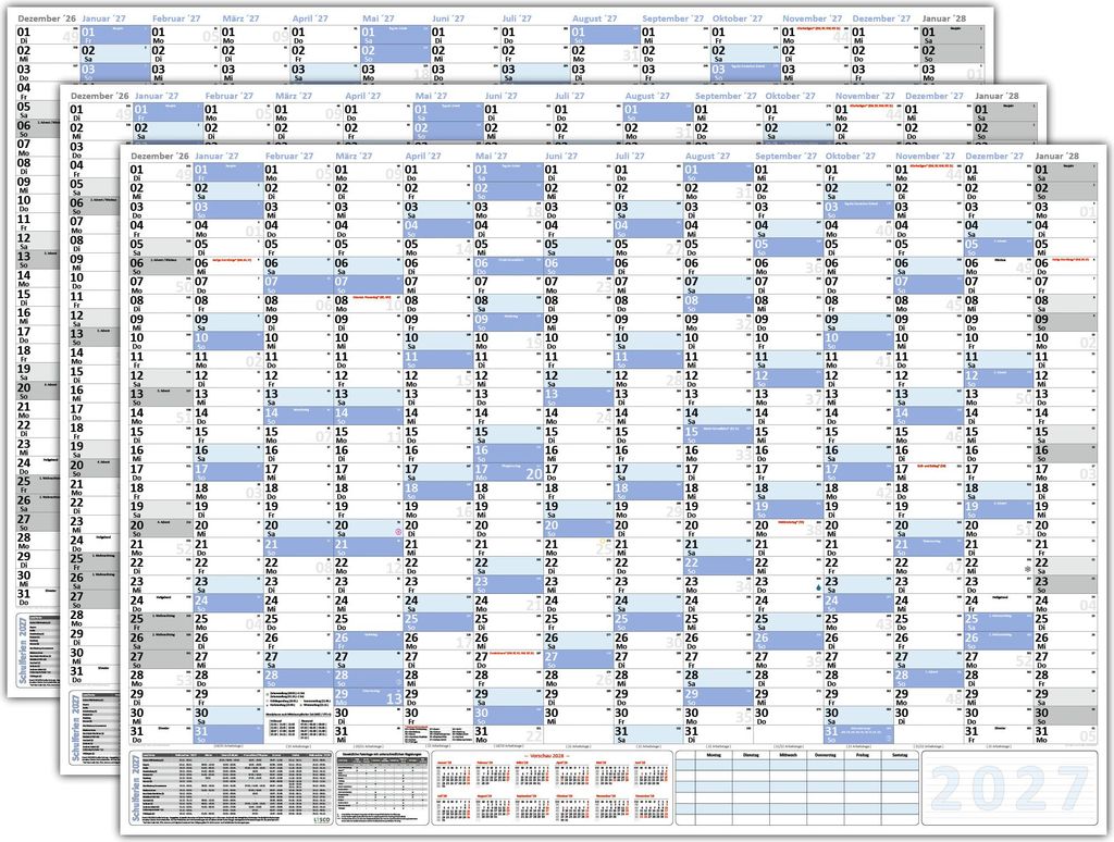 3 Stück XXL Wandkalender DIN B1 2027 blau, nass abwischbar Format 100 x 70cm Jahresplaner Wandplaner gerollt Neutraler Kalender Feiertage aller B...